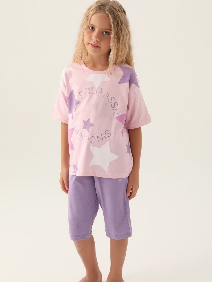 U.S. Polo Assn Lisanslı Star Printed Toz Pembe Kız Çocuk Kapri Takım