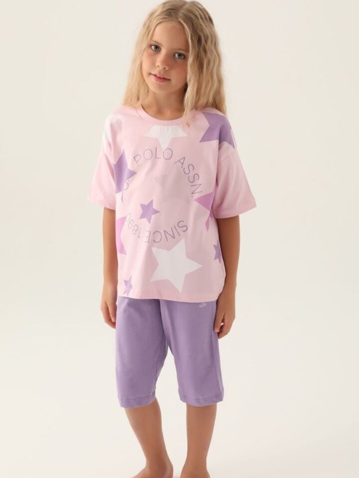 U.S. Polo Assn Lisanslı Star Printed Toz Pembe Kız Çocuk Kapri Takım