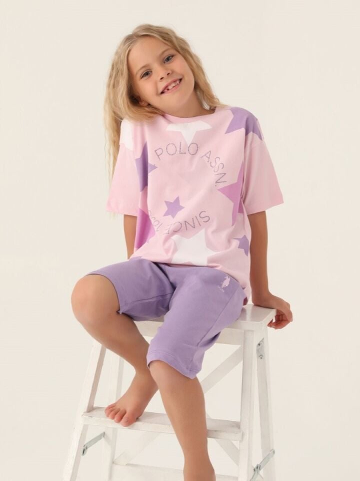 U.S. Polo Assn Lisanslı Star Printed Toz Pembe Kız Çocuk Kapri Takım