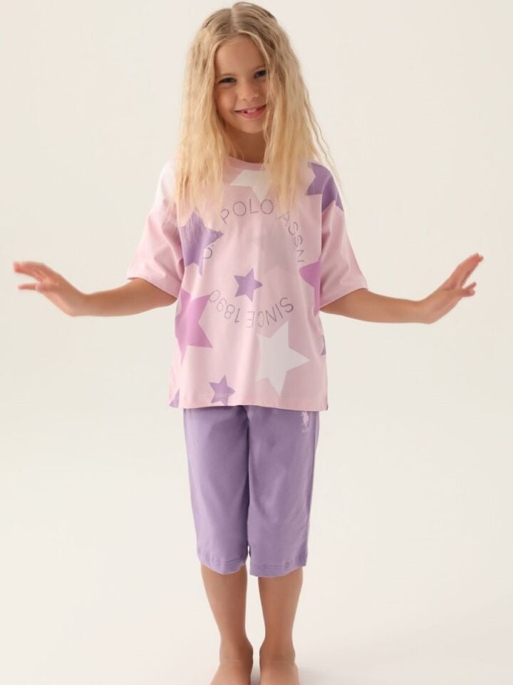U.S. Polo Assn Lisanslı Star Printed Toz Pembe Kız Çocuk Kapri Takım