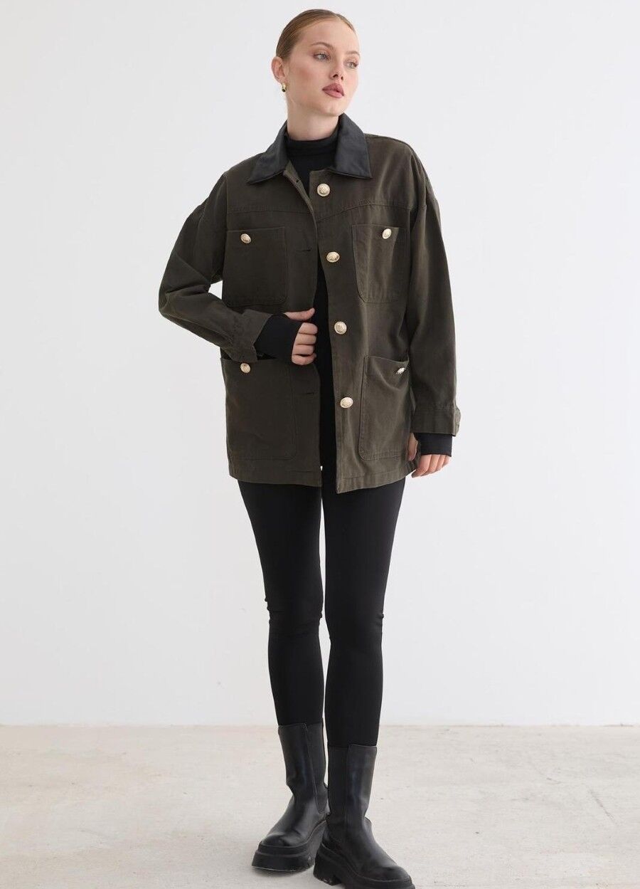 Kadın Düğmeleri Gold Detaylı Haki Mont