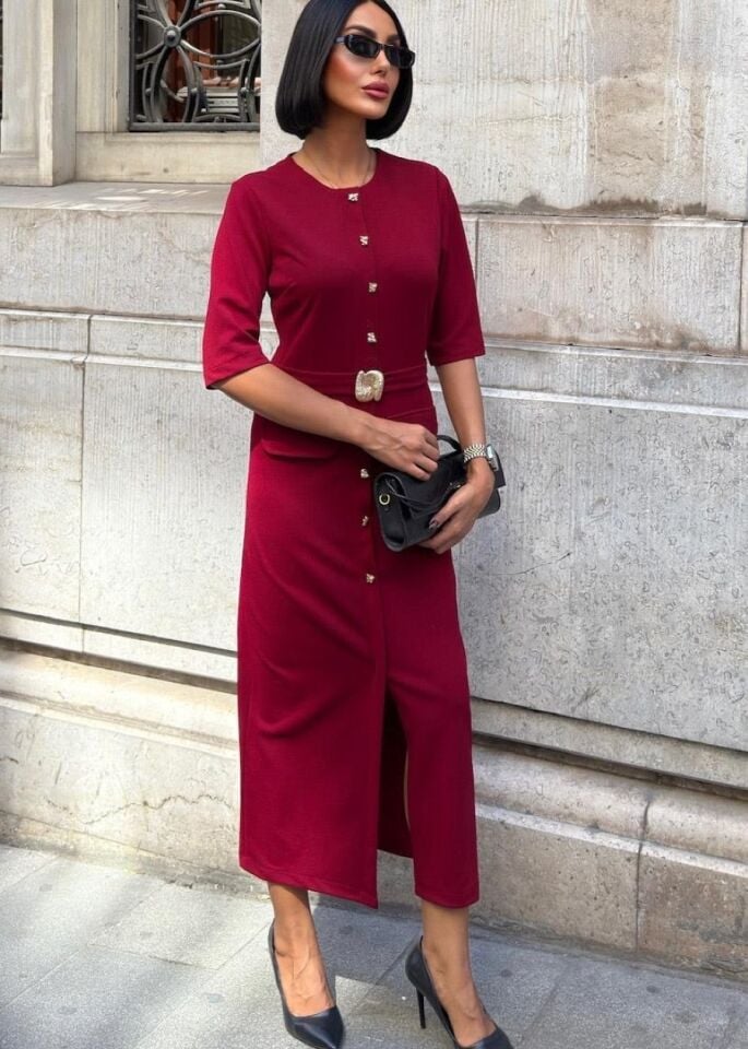 Kadın  Kemer Detaylı Bordo Midi Elbise