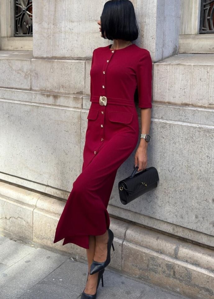 Kadın  Kemer Detaylı Bordo Midi Elbise