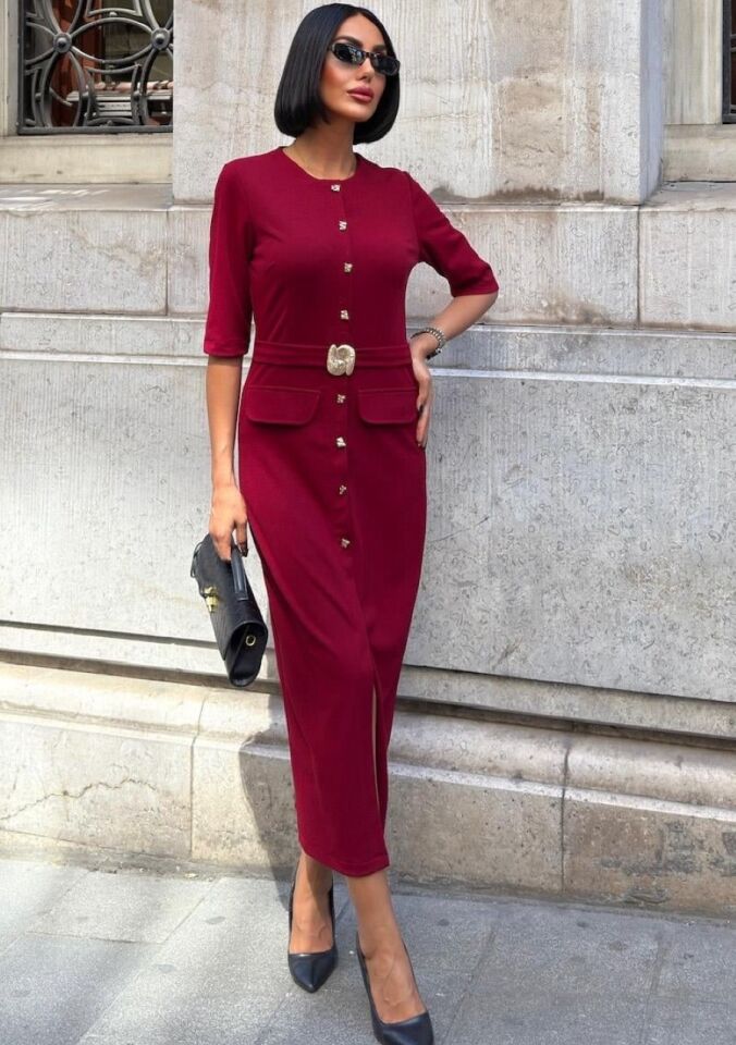 Kadın  Kemer Detaylı Bordo Midi Elbise