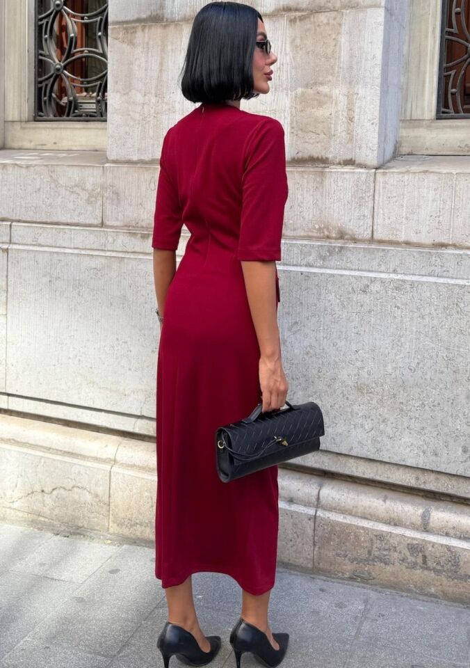 Kadın  Kemer Detaylı Bordo Midi Elbise