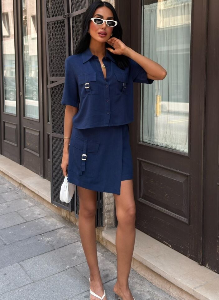 Kadın Gömlek Şort Etek Viscon Keten Takım