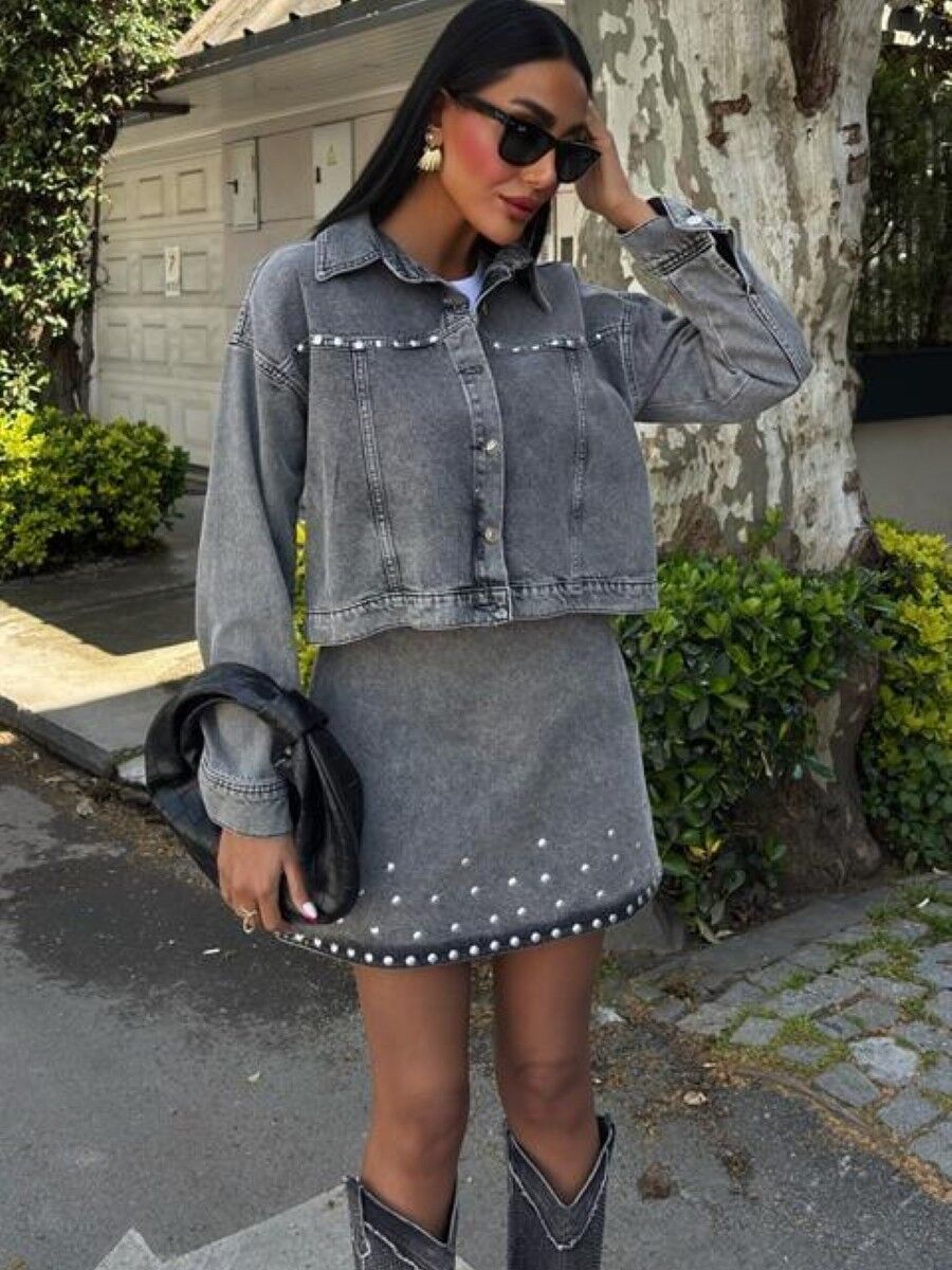 Kadın Taş Detay Denim Takım