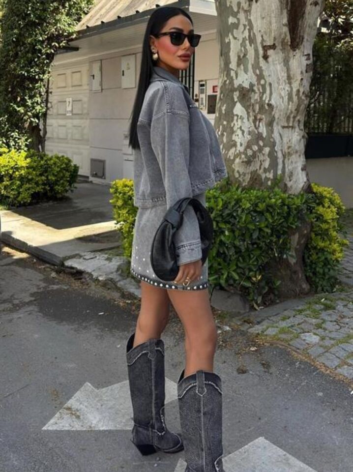 Kadın Taş Detay Denim Takım