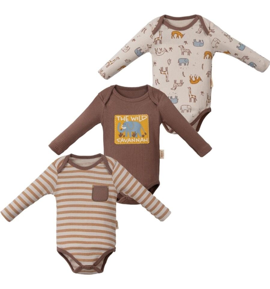 Hayvan Desenli Kız ve Erkek Bebek Üçlü Body