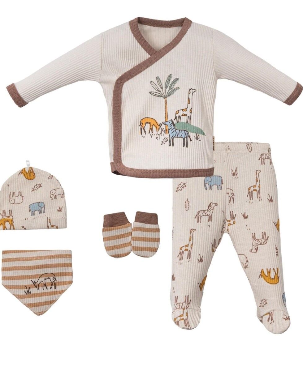 Unisex bebek hayvan desenli hastane çıkışı 5li set