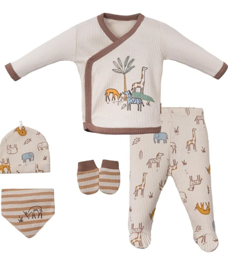 Unisex bebek hayvan desenli hastane çıkışı 5li set