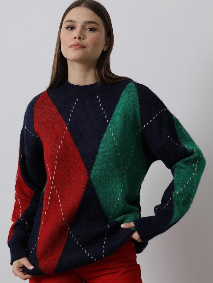 Kadın Kırmızı Yeşil Lacivert Baklava Desenli Triko Kazak