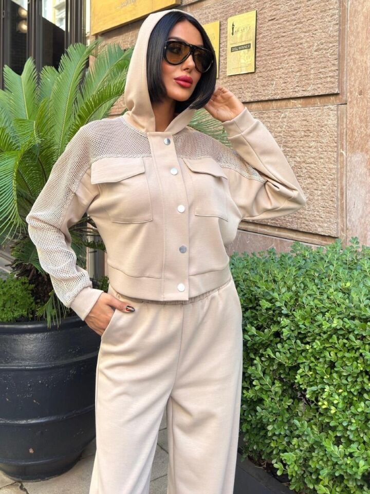 Kadın File Detaylı Kapüşonlu Modal Takım