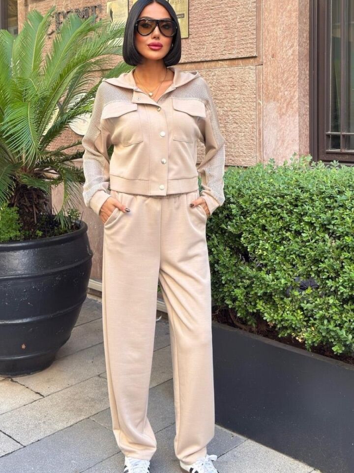 Kadın File Detaylı Kapüşonlu Modal Takım