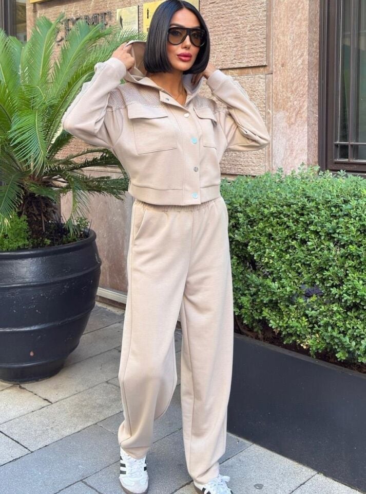 Kadın File Detaylı Kapüşonlu Modal Takım