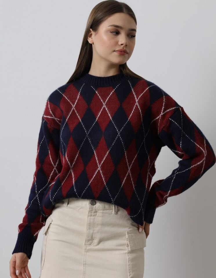 Kadın Bordo Lacivert Baklava Desenli Triko Kazak