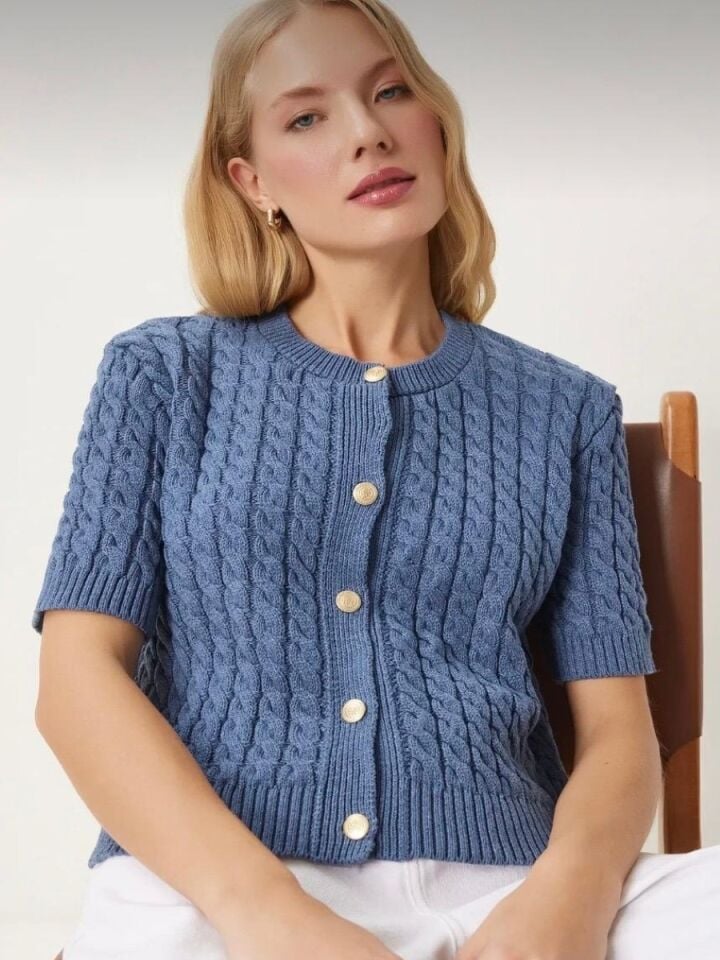 Kadın İndigo Mavi Bisiklet Yaka Saç Örgülü Triko Hırka