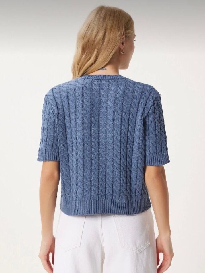 Kadın İndigo Mavi Bisiklet Yaka Saç Örgülü Triko Hırka