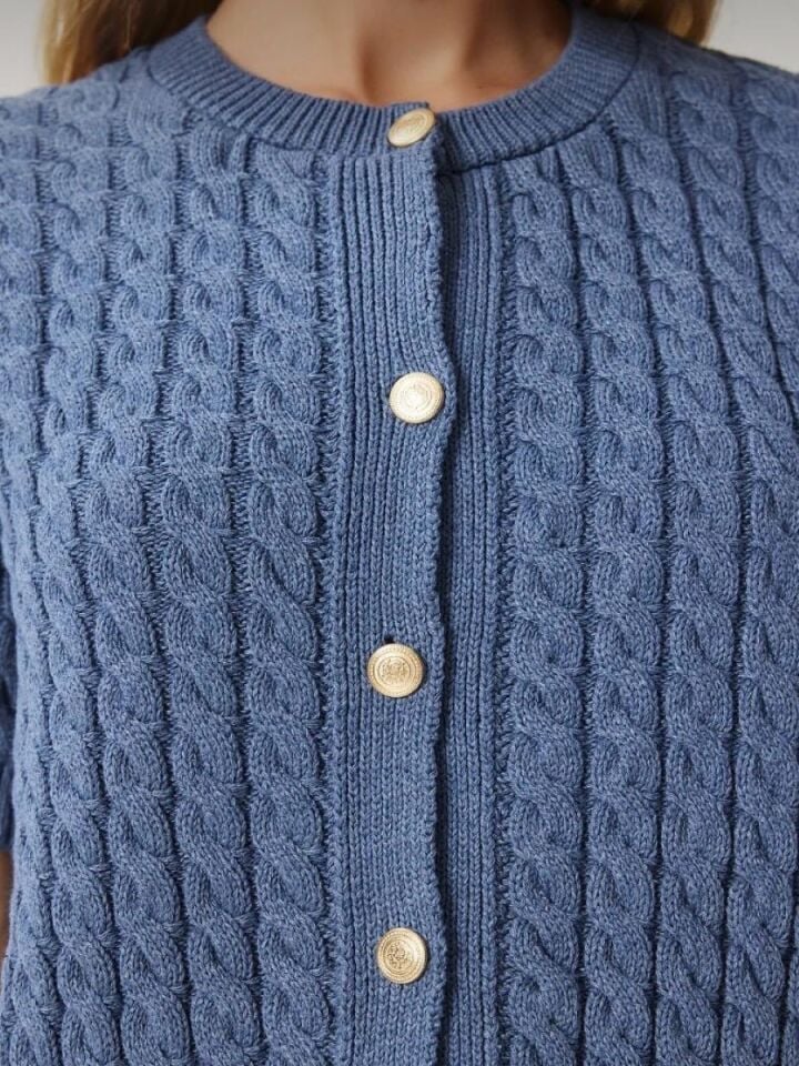 Kadın İndigo Mavi Bisiklet Yaka Saç Örgülü Triko Hırka