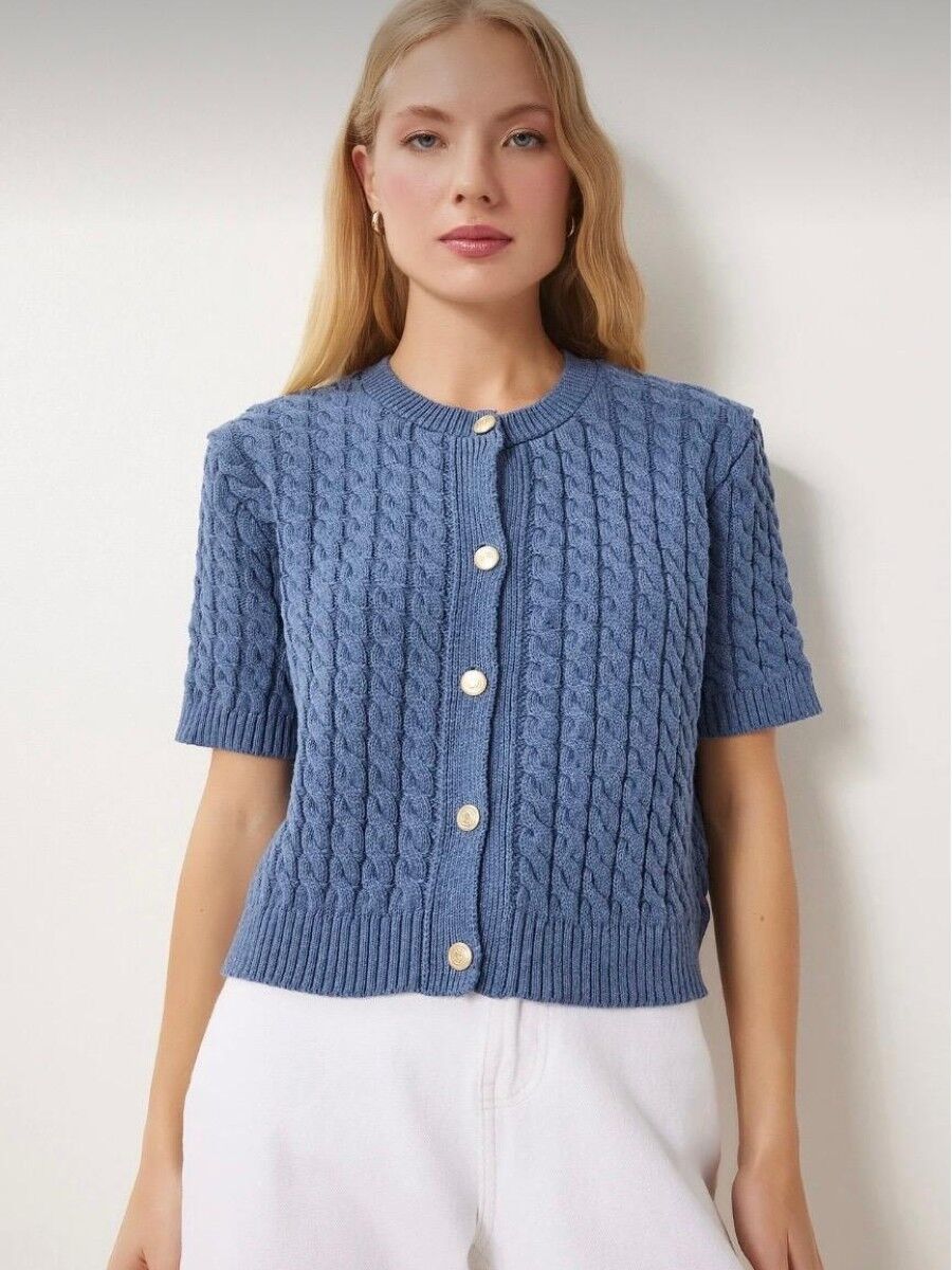 Kadın İndigo Mavi Bisiklet Yaka Saç Örgülü Triko Hırka