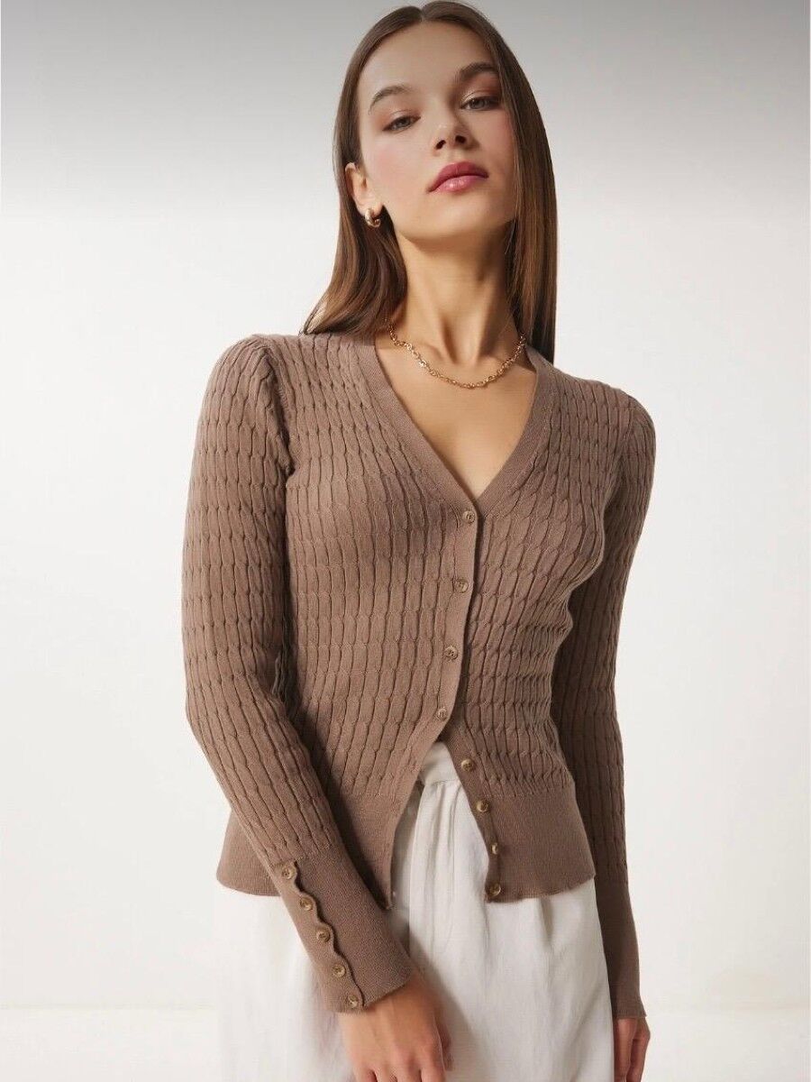 Kadın Vizon Selanik Örgü Detaylı Saran Triko Hırka