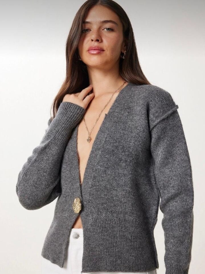 Kadın Antrasit Şık Düğmeli Triko Hırka