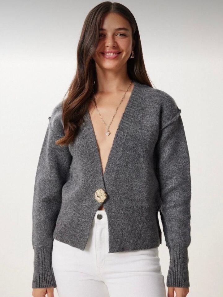 Kadın Antrasit Şık Düğmeli Triko Hırka