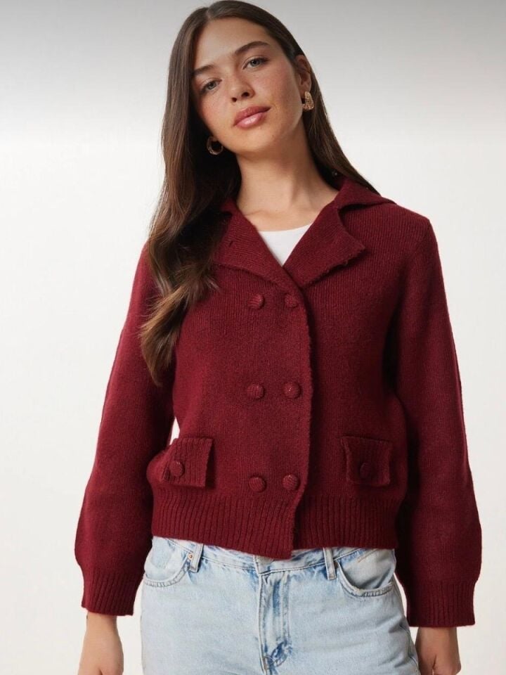 Kadın Bordo Çift Düğmeli Triko Hırka