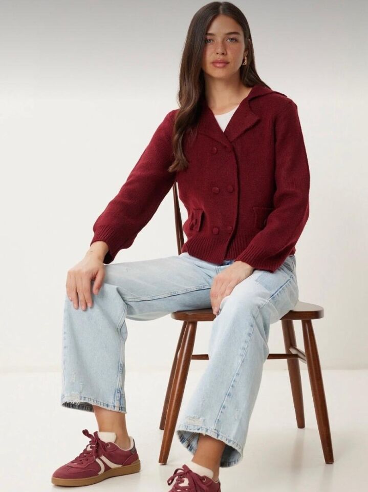 Kadın Bordo Çift Düğmeli Triko Hırka