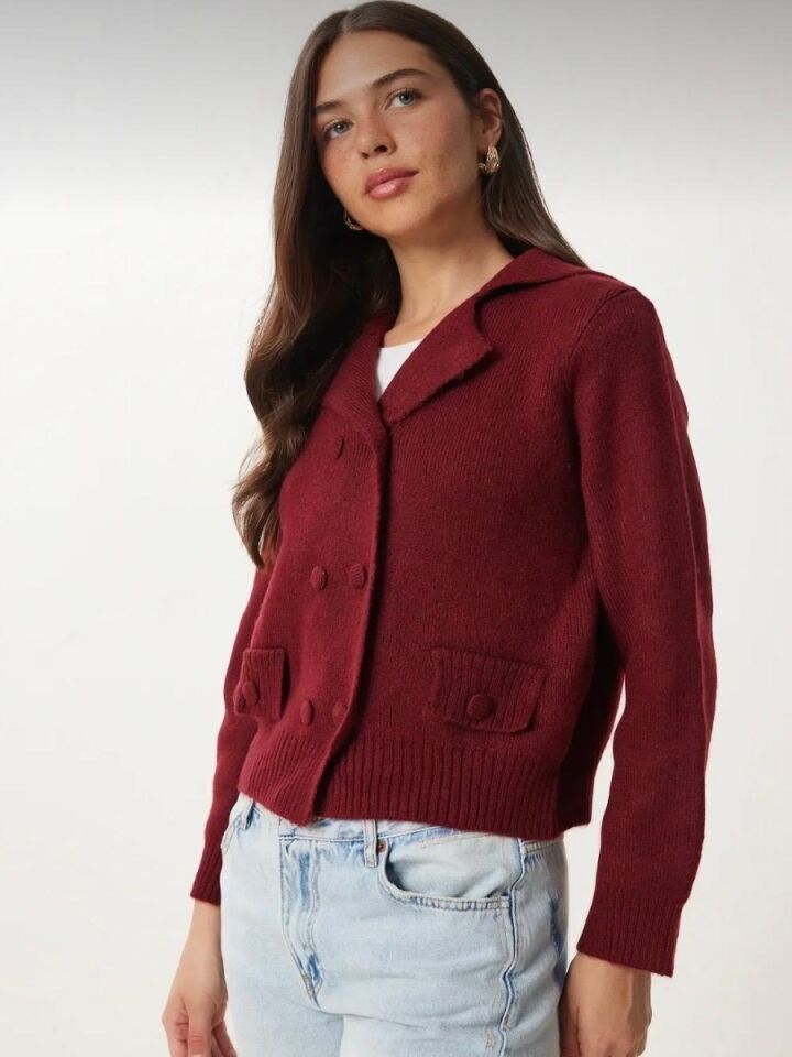 Kadın Bordo Çift Düğmeli Triko Hırka