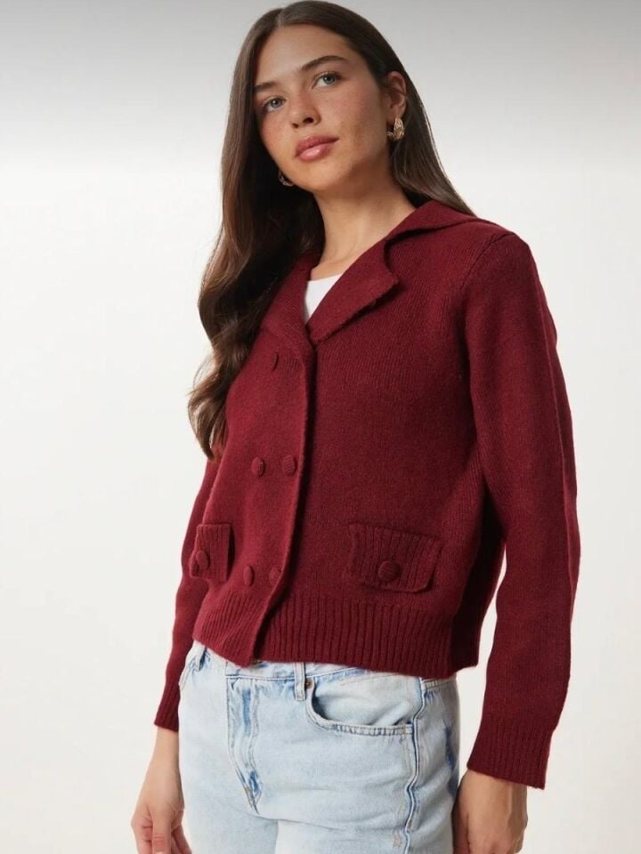 Kadın Bordo Çift Düğmeli Triko Hırka