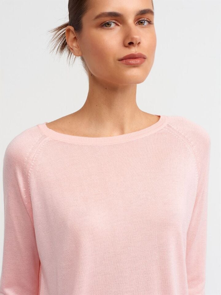 Kadın Bisiklet Yaka İnce Triko Açık Pembe