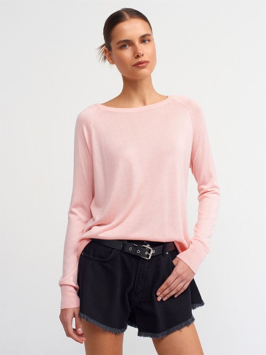 Kadın Bisiklet Yaka İnce Triko Açık Pembe