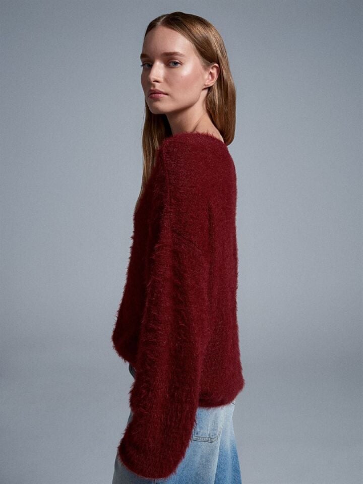 Kadın Kayık Yaka Yumuşak Dokulu Triko Kazak Koyu Bordo