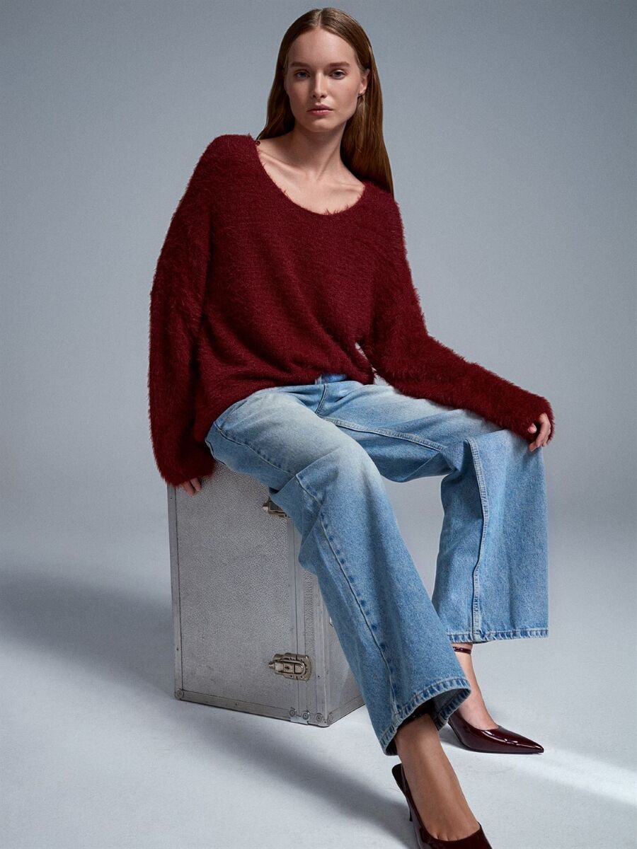 Kadın Kayık Yaka Yumuşak Dokulu Triko Kazak Koyu Bordo