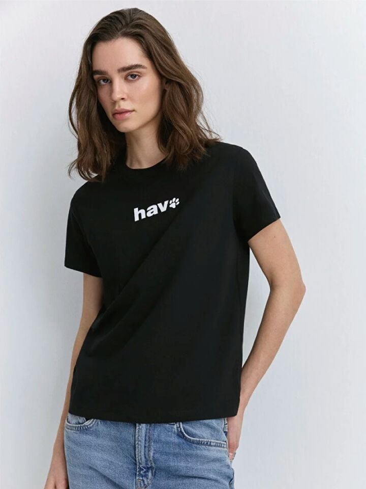 Kadın Hav Baskılı Siyah Tişört