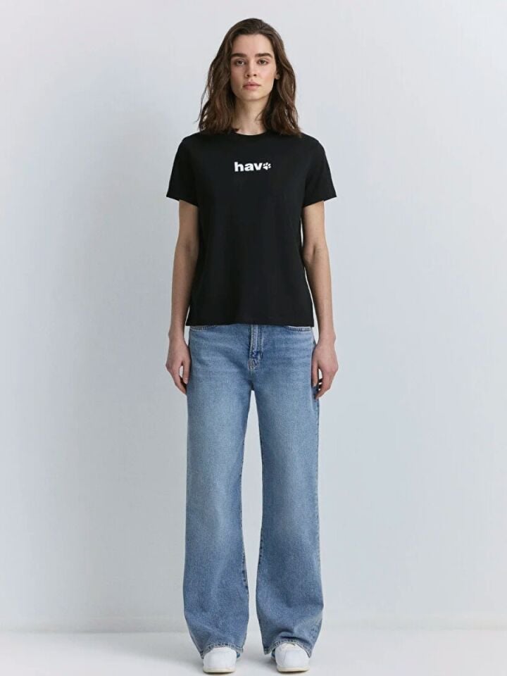 Kadın Hav Baskılı Siyah Tişört