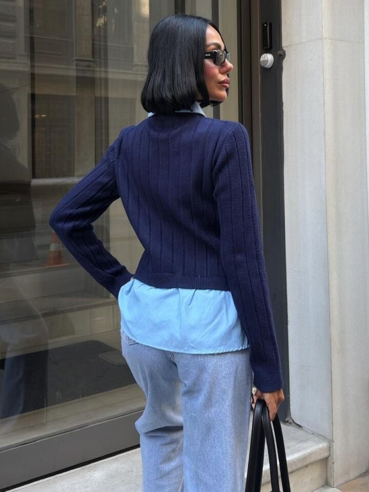 Poplin ve Denim Garnili Triko Kazak