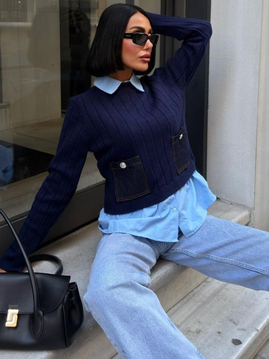 Poplin ve Denim Garnili Triko Kazak