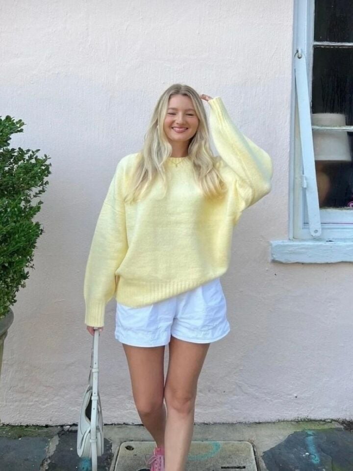 Kadın Limon Sarısı Bisiklet Yaka Yumuşak Dokulu Oversize Triko Kazak