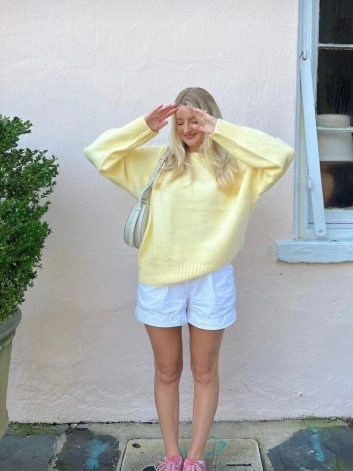 Kadın Limon Sarısı Bisiklet Yaka Yumuşak Dokulu Oversize Triko Kazak