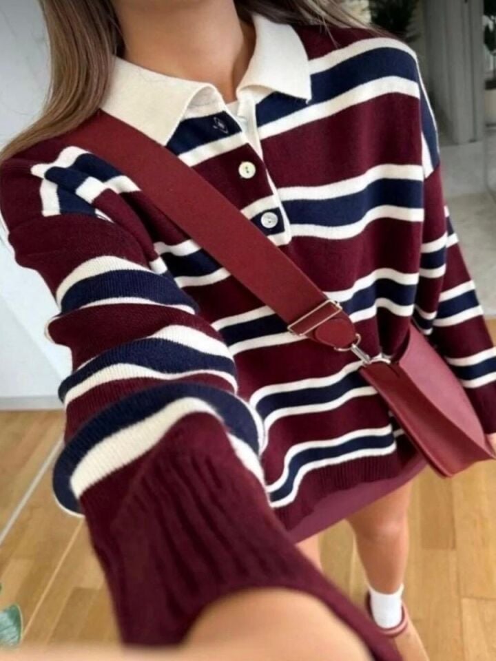 Kadın Düğmeli Polo Yaka Çizgili Oversize Triko Kazak