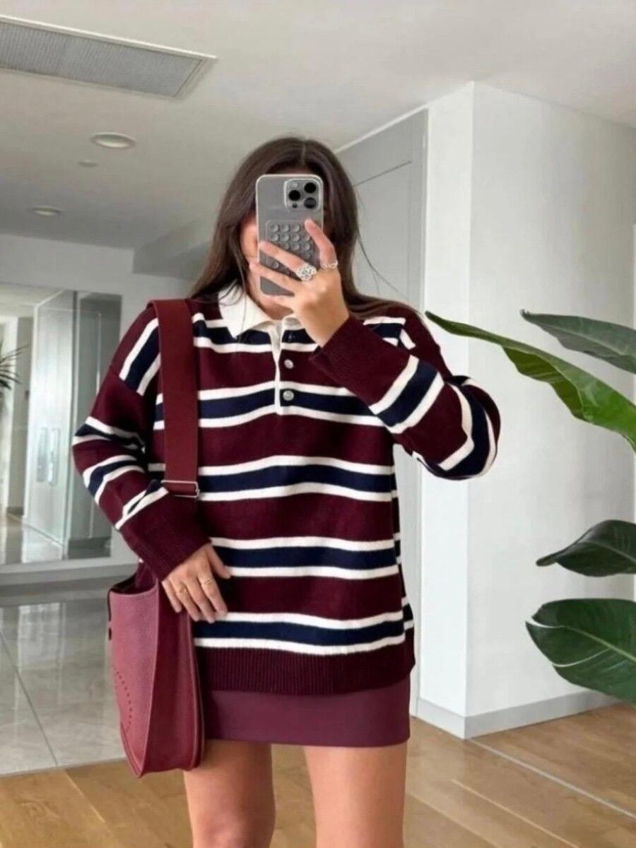 Kadın Düğmeli Polo Yaka Çizgili Oversize Triko Kazak