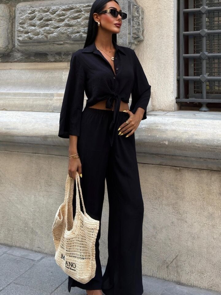 Kadın Bağlamalı Gömlek ve Yırtmaç Pantolonlu Ayrobin Takım