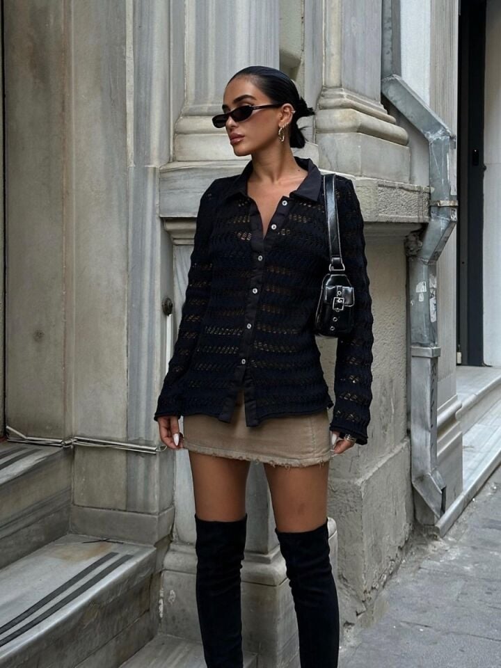 Kadın Arina Ajurlu Polo Yaka Hırka