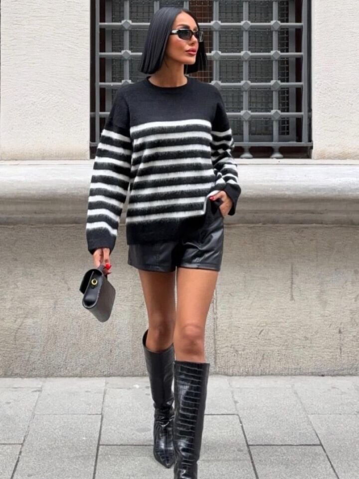 Kadın Kontrast Çizgili Triko Kazak