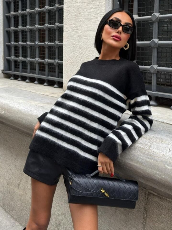 Kadın Kontrast Çizgili Triko Kazak