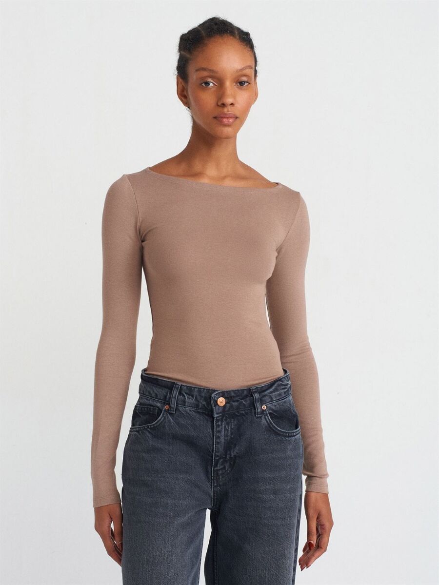 Kadın Kayık Yaka Uzun Kollu Top-Vizon