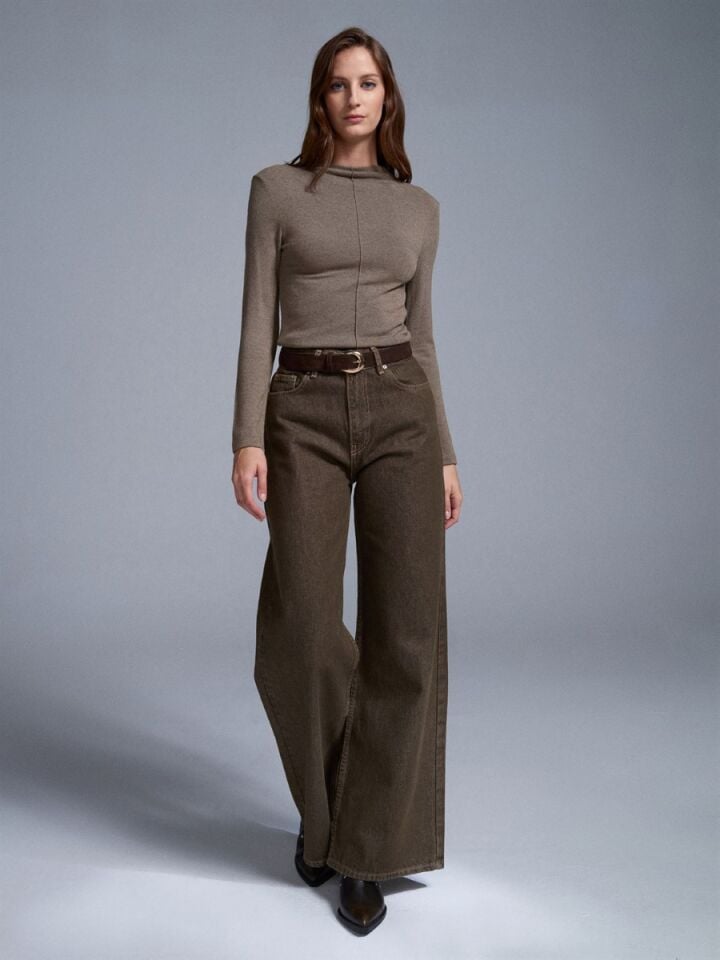 Kadın Dik Yaka Uzun Kollu Top-Açık Haki