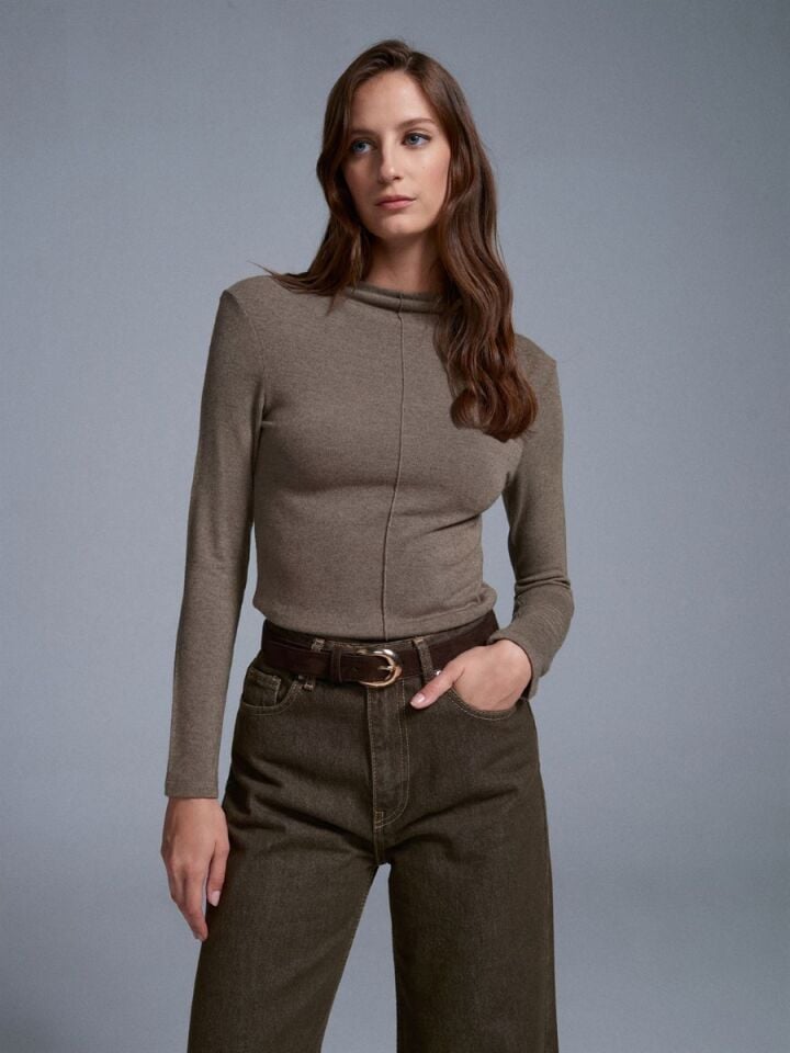 Kadın Dik Yaka Uzun Kollu Top-Açık Haki